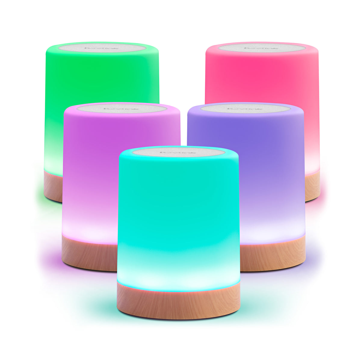 Five colorful LuvLink Friendship Lamps with glowing LED bases in green, pink, purple, cyan and gradient colors on wooden bases.