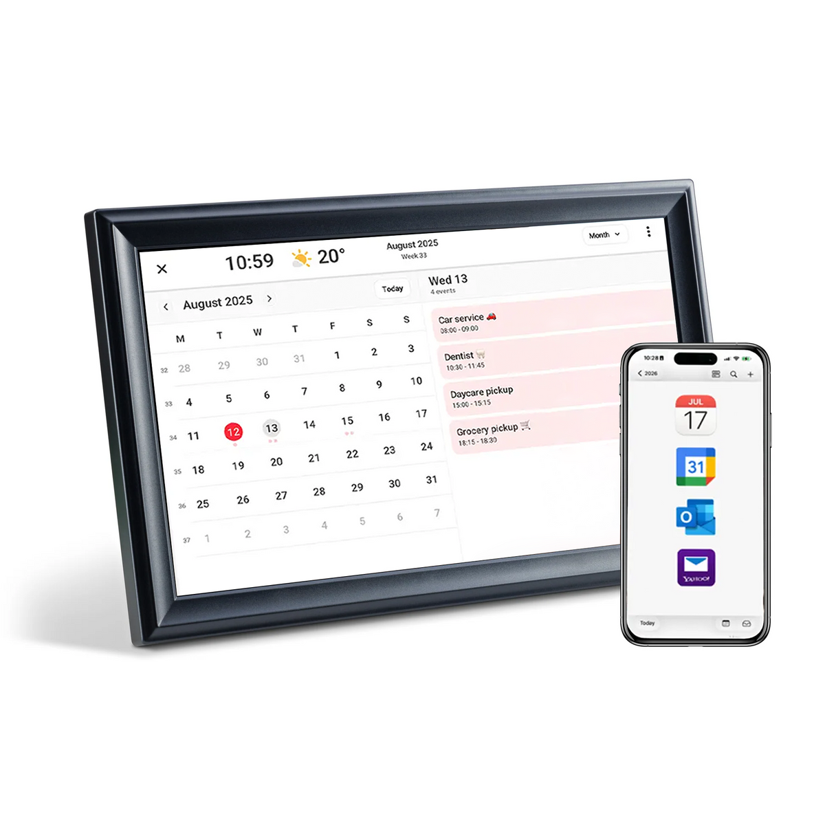 LuvLink digital calendar displayed on a tablet with smartphone showing synced calendar apps and upcoming events.