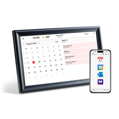 LuvLink digital calendar displayed on a tablet with smartphone showing synced calendar apps and upcoming events.
