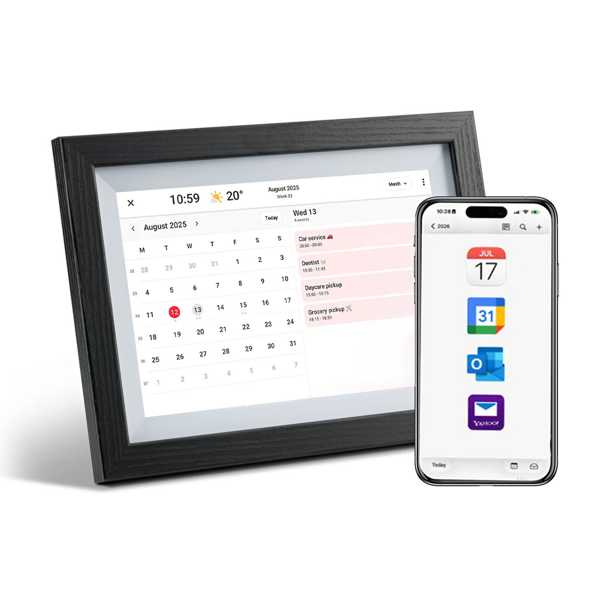 LuvLink digital calendar displaying August 2025 with synced events, shown alongside a smartphone with calendar app icons.