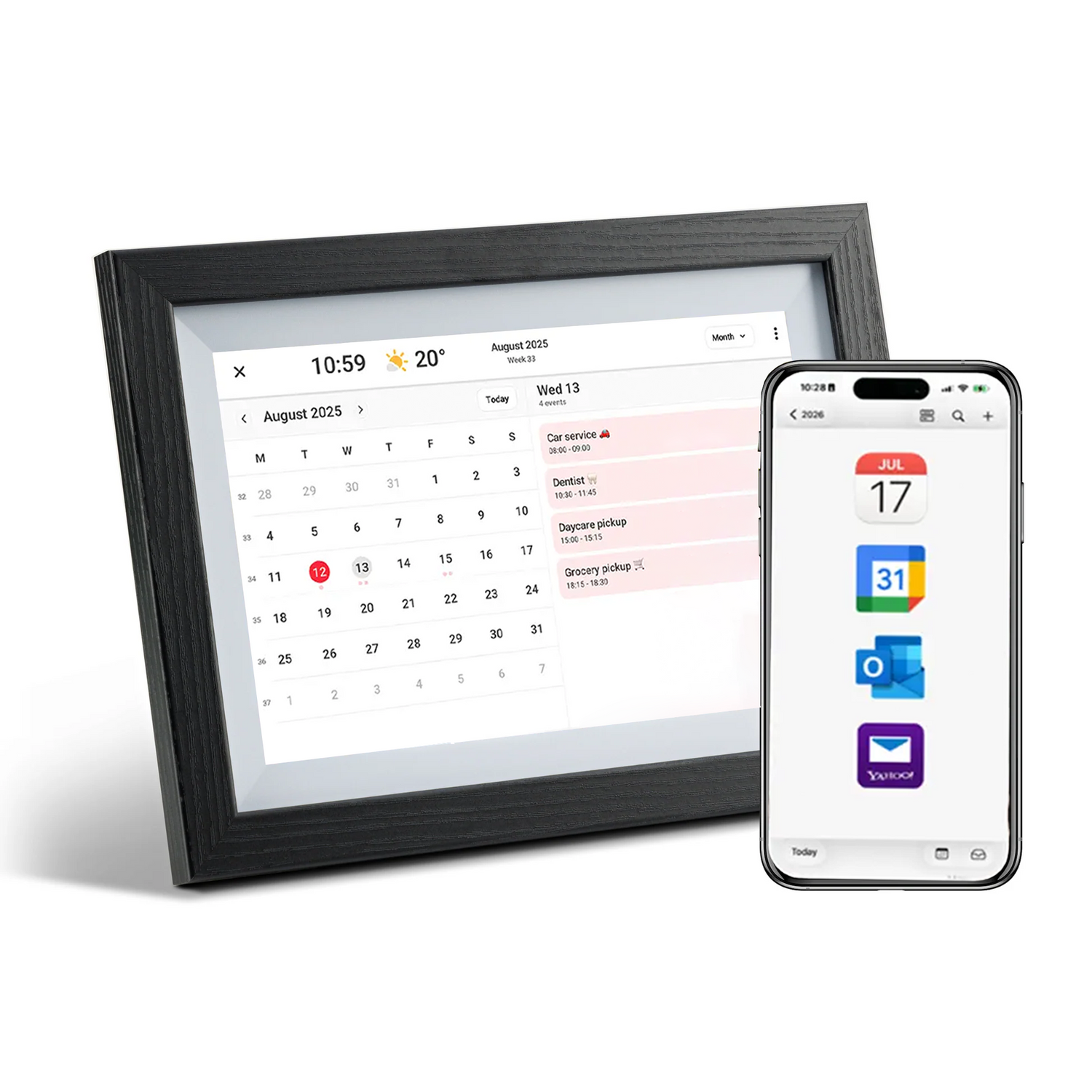LuvLink digital calendar displaying August 2025 with synced events, shown alongside a smartphone with calendar app icons.