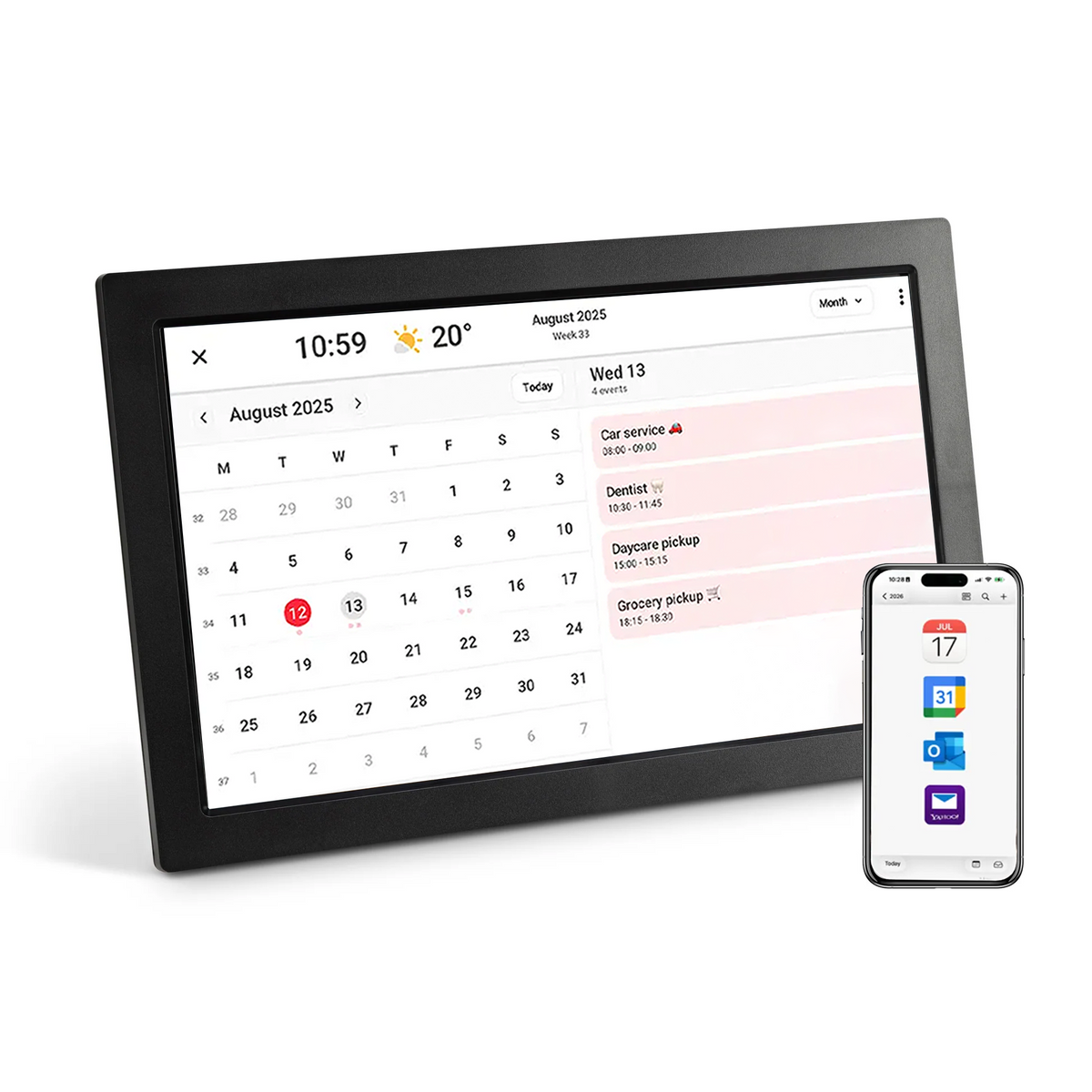 LuvLink Digital Calendar displaying August 2025 with scheduled events synced to a smartphone beside it.