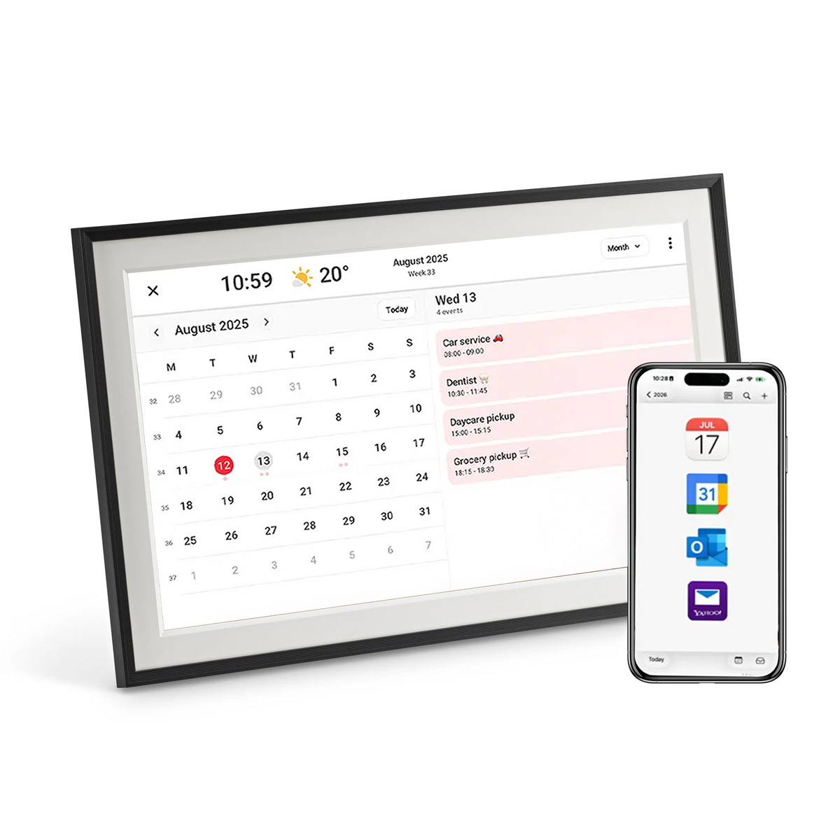 LuvLink Digital Calendar displaying August 2025 with events, synced with calendar apps shown on a smartphone.