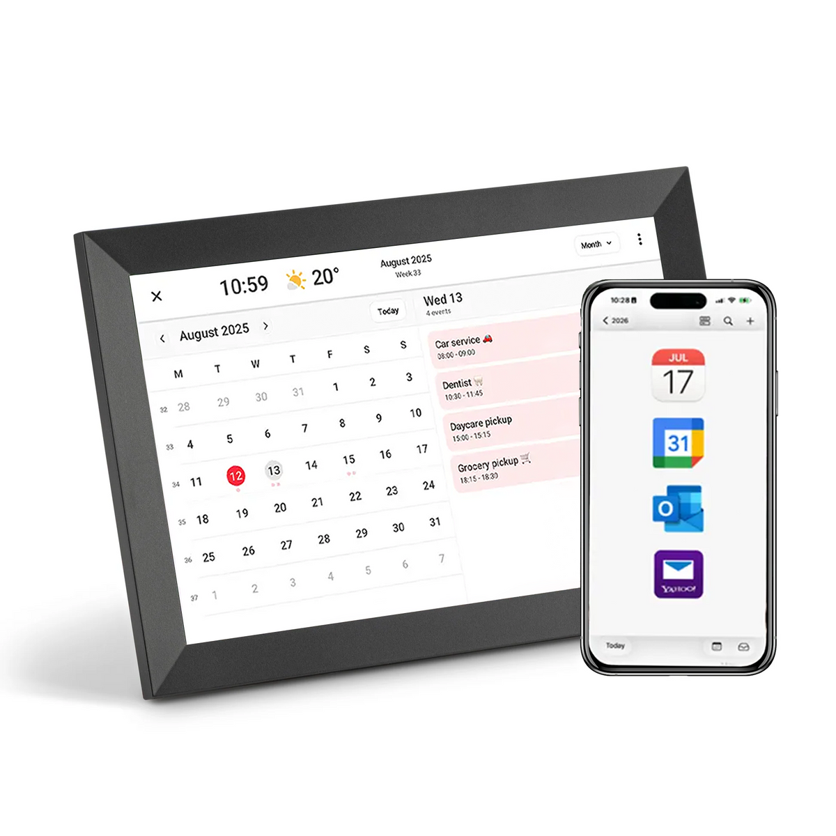 LuvLink digital calendar displaying August 2025 with synced events, shown alongside a smartphone with calendar and app integrations.