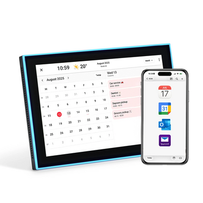 LuvLink digital calendar displaying August 2025 on a tablet with synced events, alongside a smartphone showing calendar app icons.
