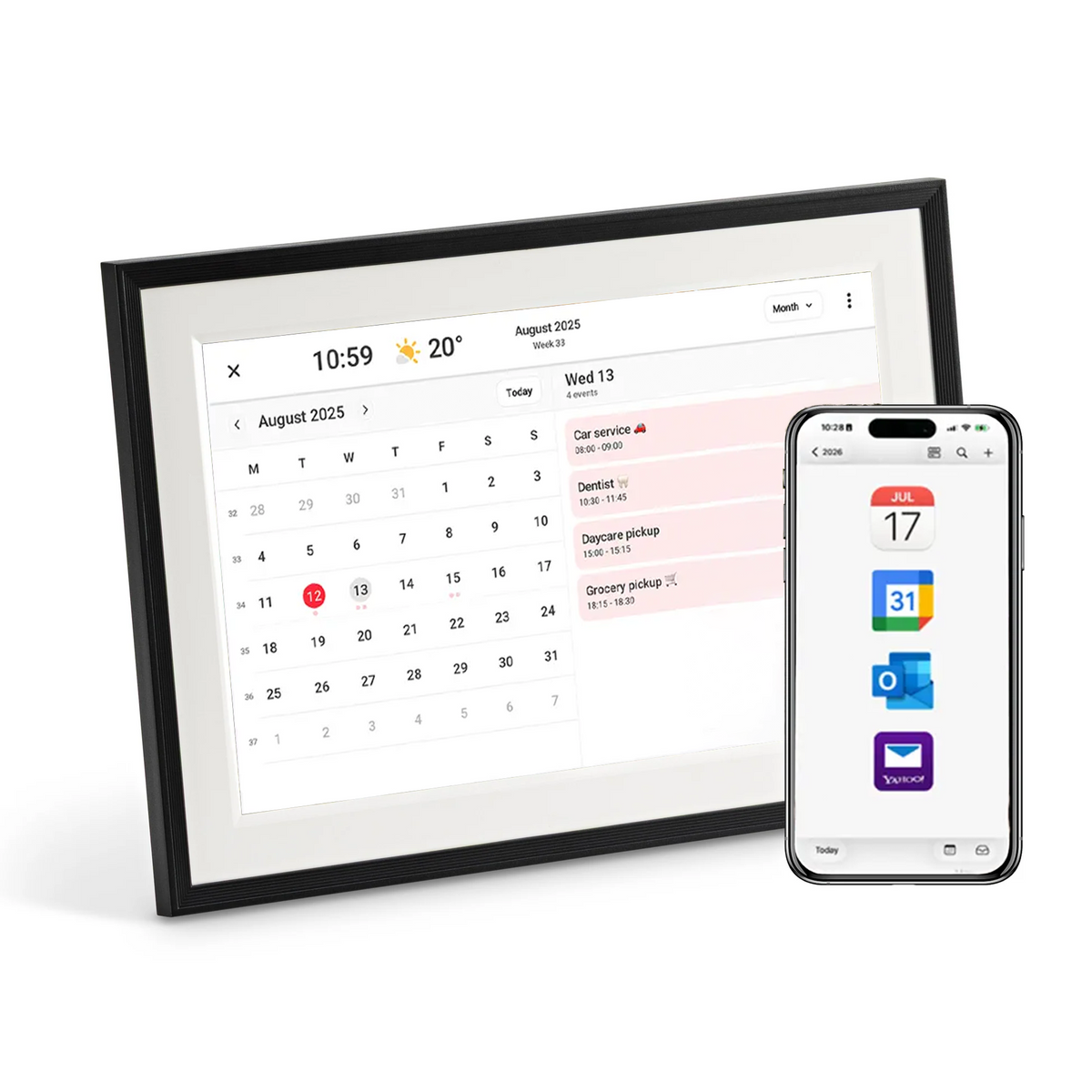 LuvLink digital calendar displayed alongside a smartphone showing synced calendar and app icons.