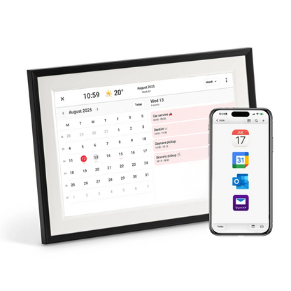 LuvLink digital calendar displayed alongside a smartphone showing synced calendar and app icons.