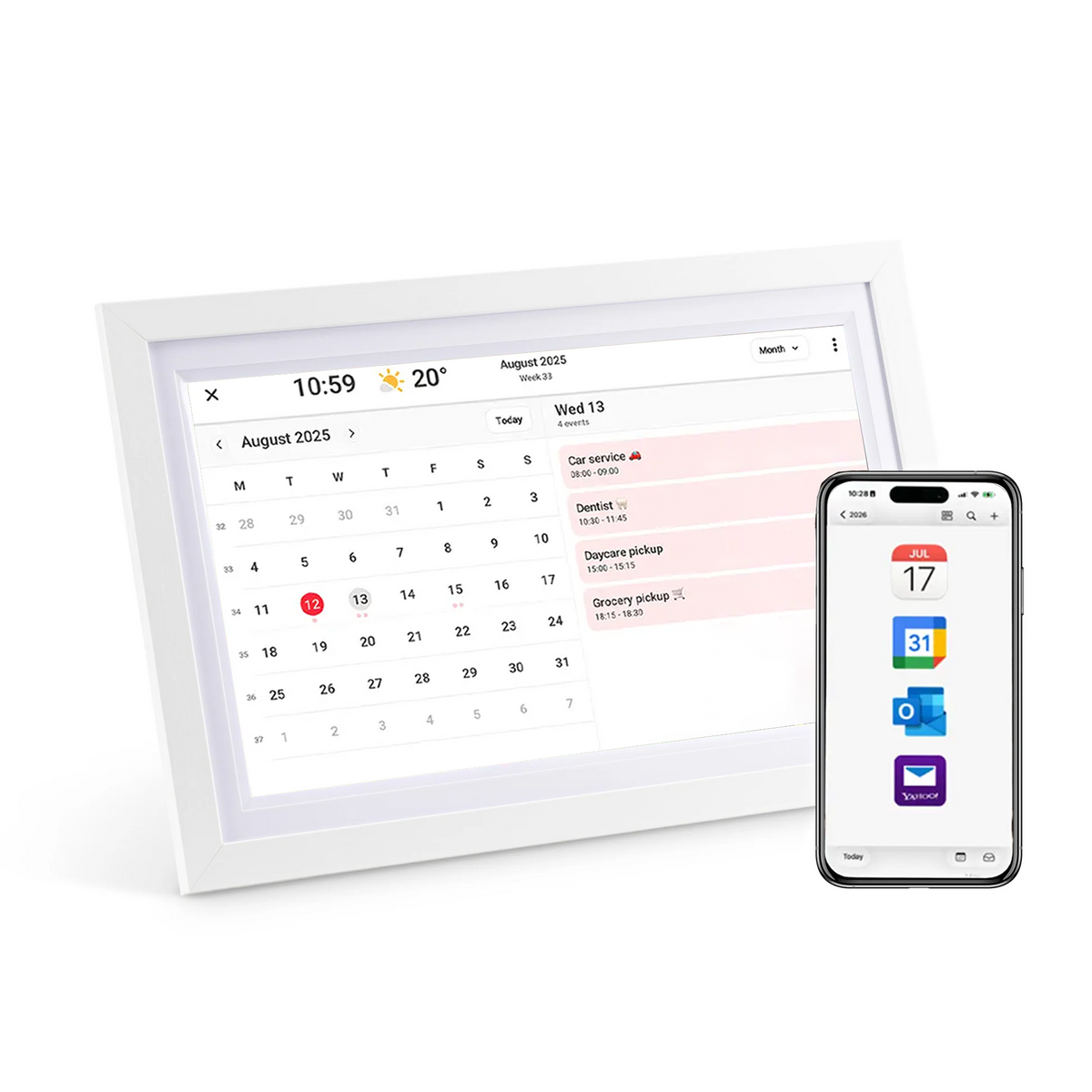 LuvLink Digital Calendar displaying August 2025 with events, shown alongside a smartphone with calendar and productivity app icons.