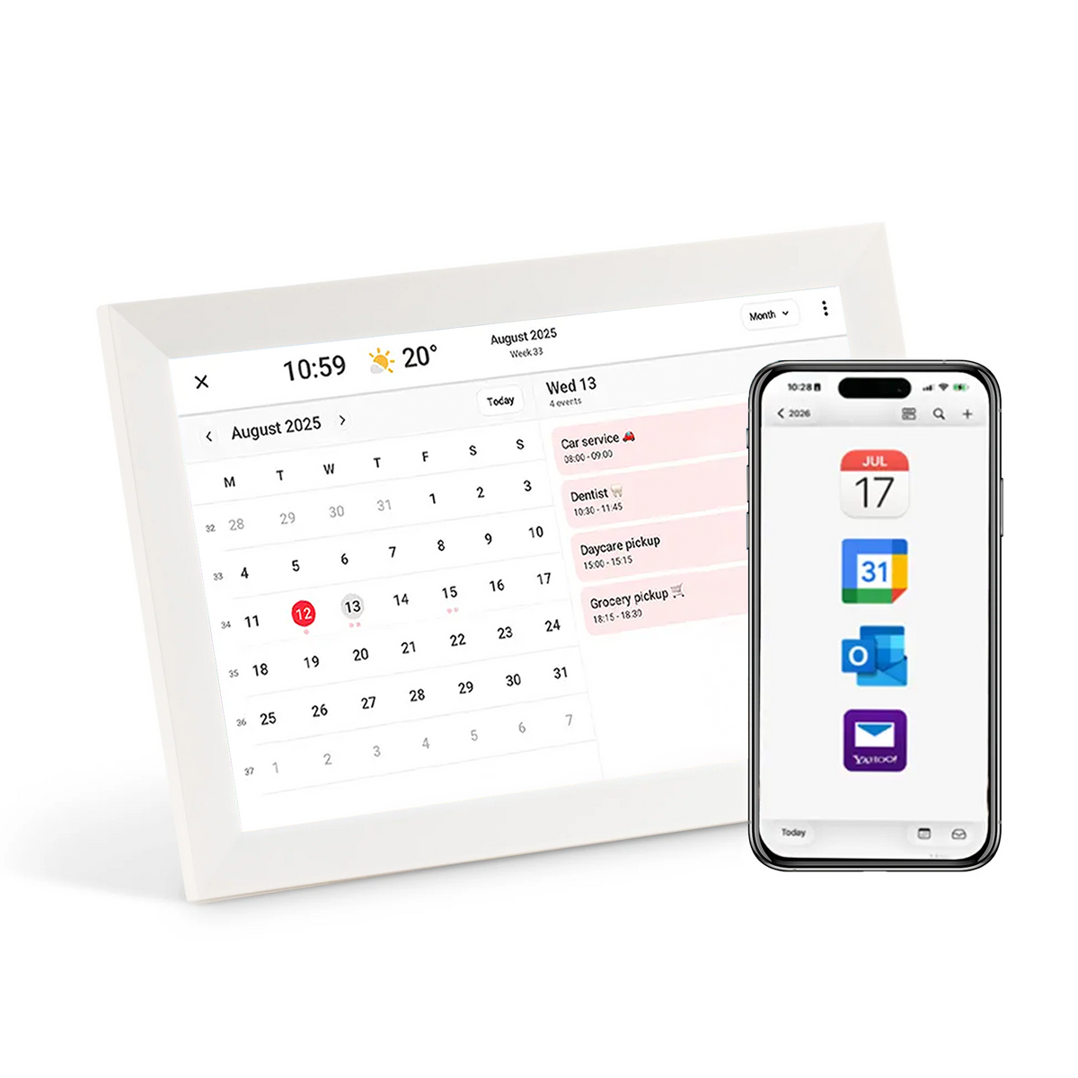 LuvLink digital calendar displaying August 2025 with events, shown alongside a smartphone with integrated calendar apps.