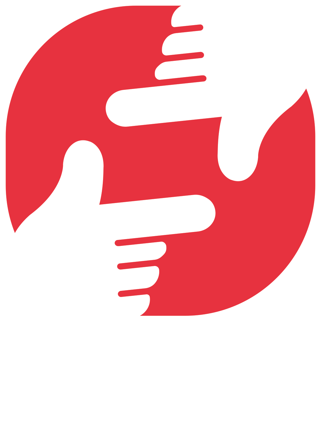 Two red hands clasping in a circular gesture symbolising connection and care.