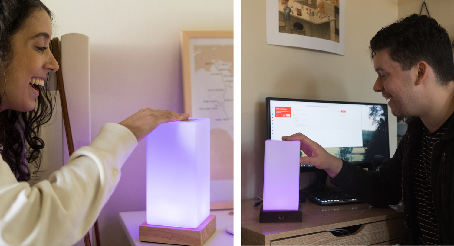 A man and woman separately reach toward illuminated tower lamps glowing purple in their homes.