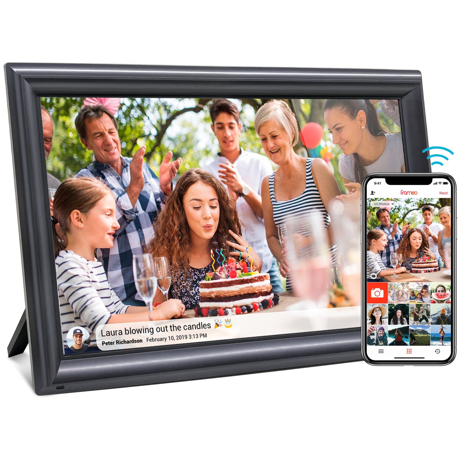 Frameo digital photo frame displaying a birthday party photo, paired with a smartphone showing the app interface for syncing images wirelessly.
