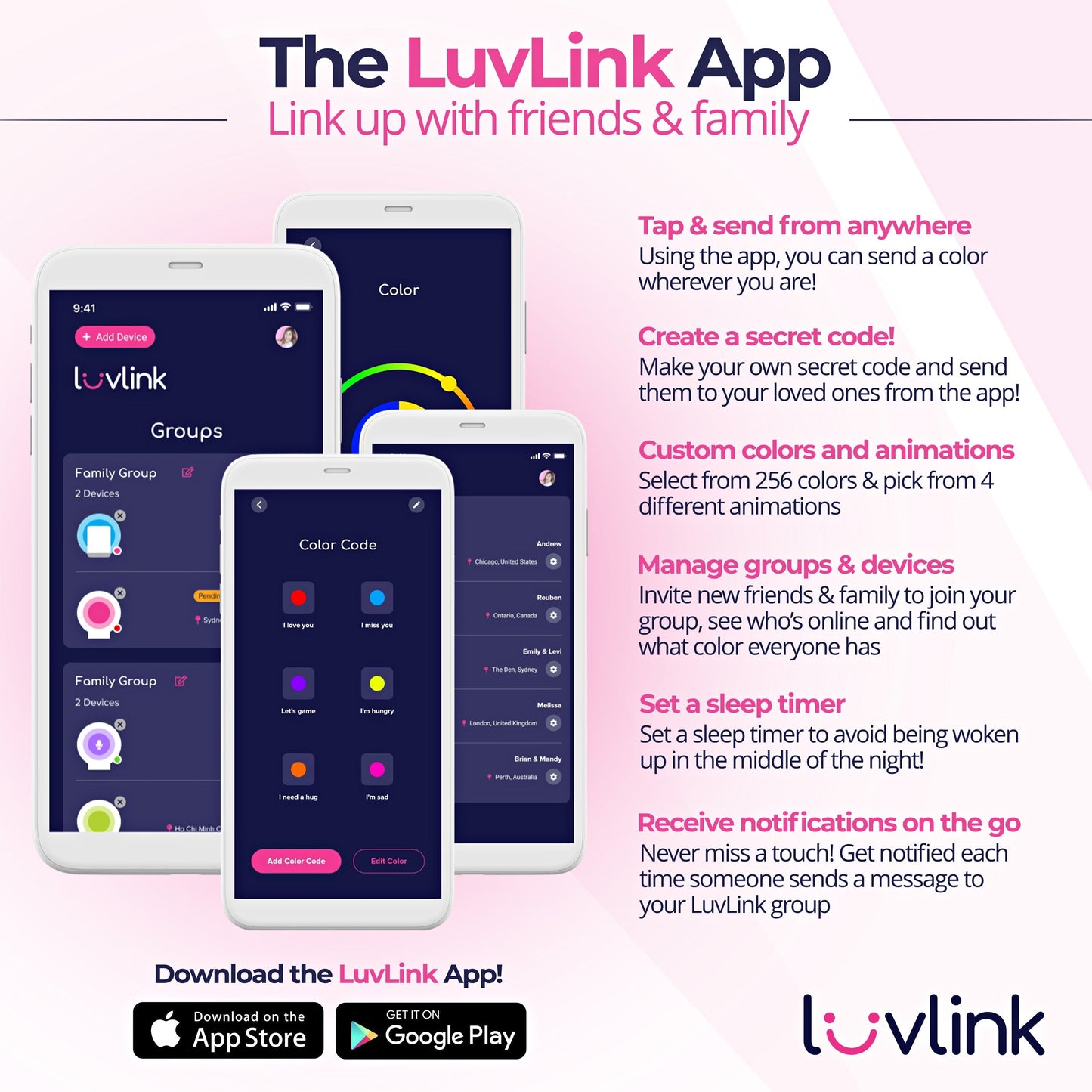 Screenshots of the LuvLink App demonstrating colour selection, group management and messaging features for connecting with loved ones.