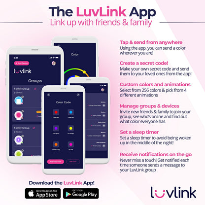 Screenshots of the LuvLink App demonstrating colour selection, group management and messaging features for connecting with loved ones.