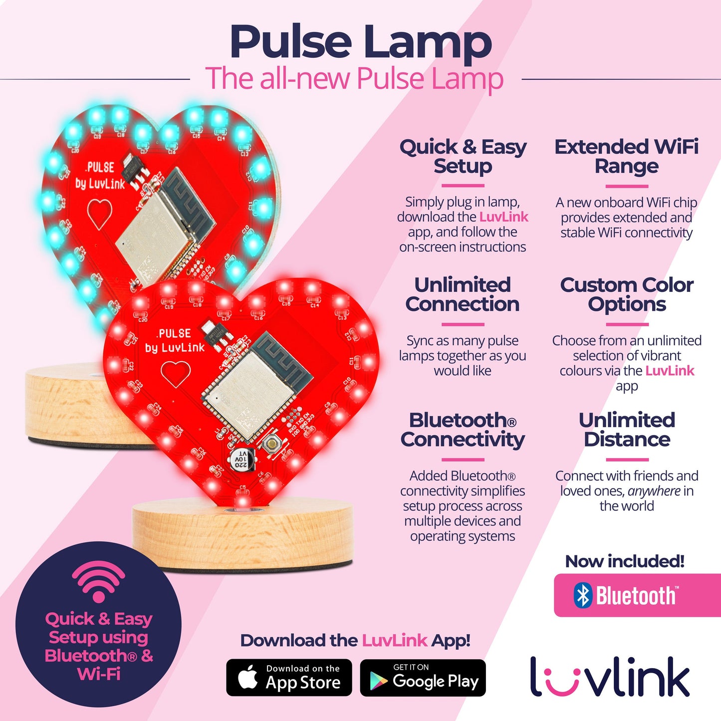 Heart-shaped Pulse Lamps glowing in cyan and red showcase quick setup, unlimited connectivity and custom colour options via the LuvLink app.