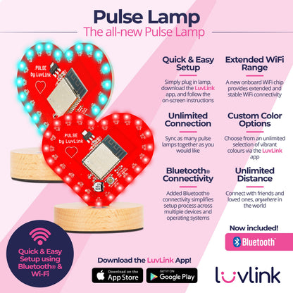Heart-shaped Pulse Lamps glowing in cyan and red showcase quick setup, unlimited connectivity and custom colour options via the LuvLink app.