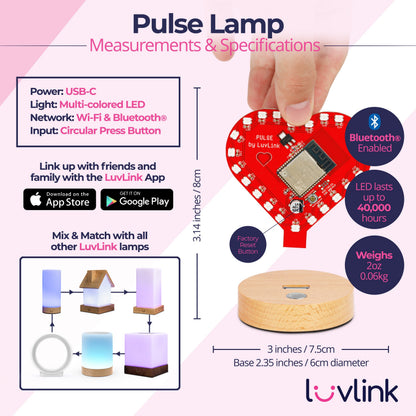 Specifications for the Pulse Lamp show a red heart device with wooden base, USB-C power, multi-coloured LED, Wi-Fi and Bluetooth connectivity.