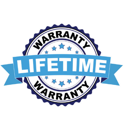 Decorative seal with scalloped navy border, blue ribbon banner and stars highlighting lifetime warranty coverage.