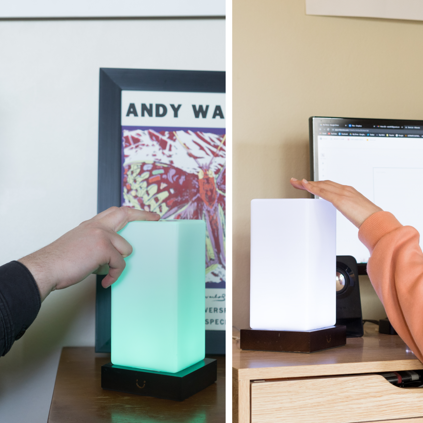 Hands reach toward a mint-glowing tower lamp and a white-lit model displayed on wooden shelves.