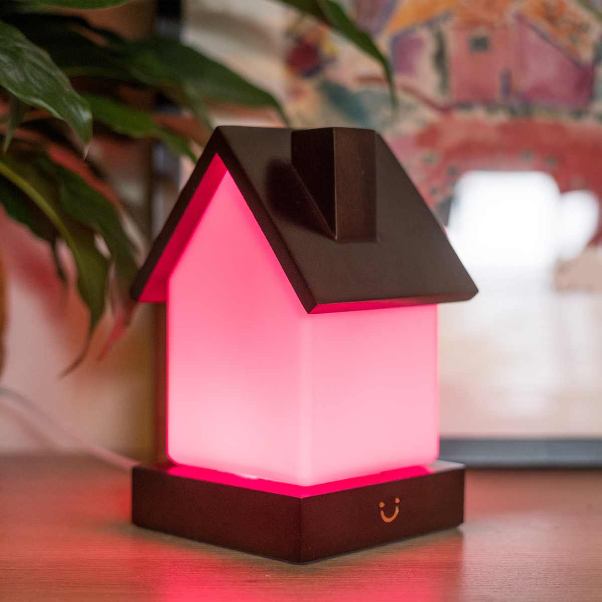 A house-shaped lamp casting a warm pink glow sits on a wooden shelf between potted plants.