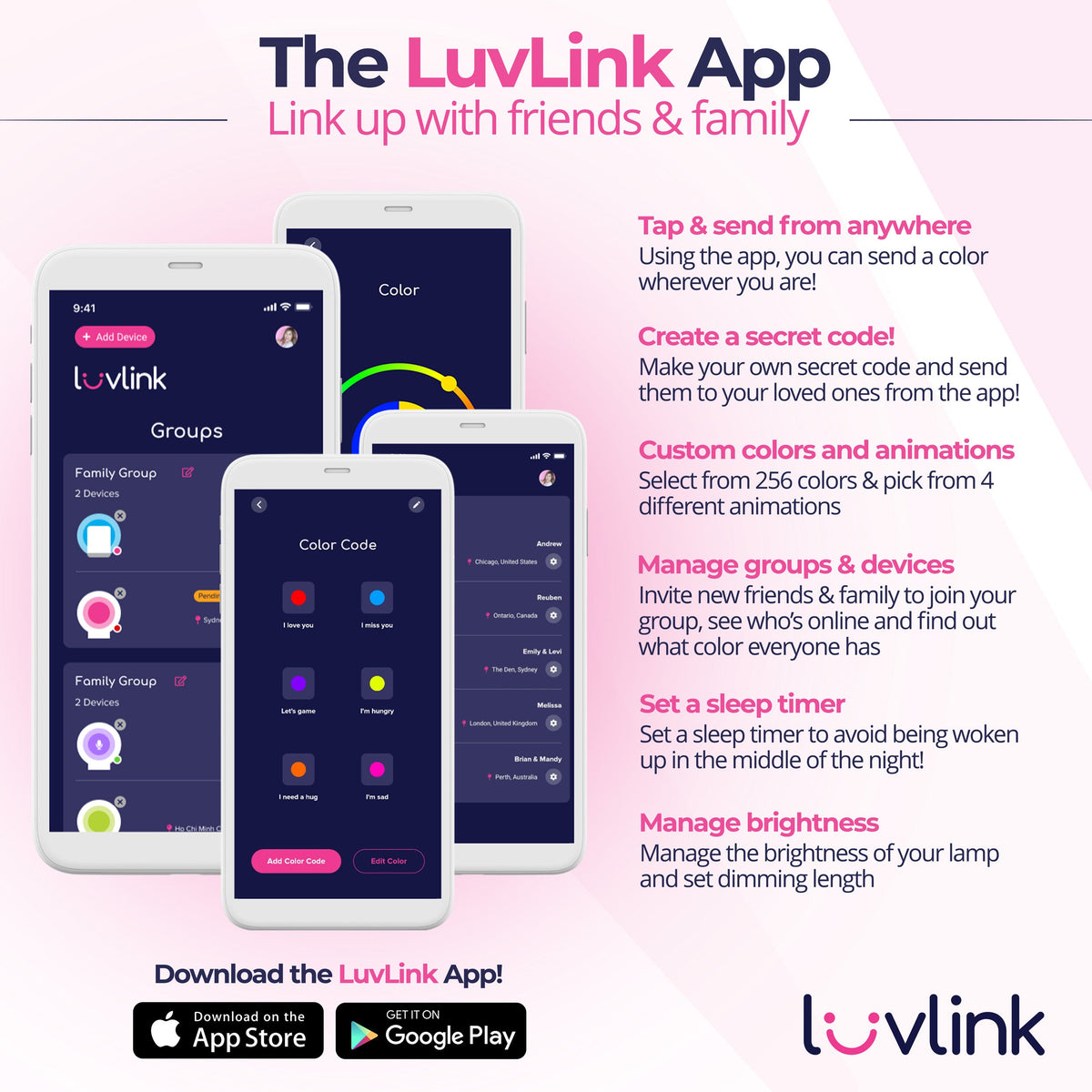 Four smartphone screens displaying the LuvLink App's group management, colour selection and remote lighting control features.