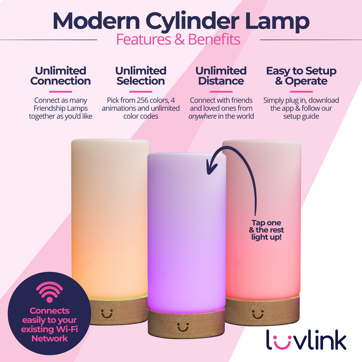 Features & Benefits guide for the Modern Cylinder Lamp showing wireless connectivity, 256 colours, global range and simple setup.