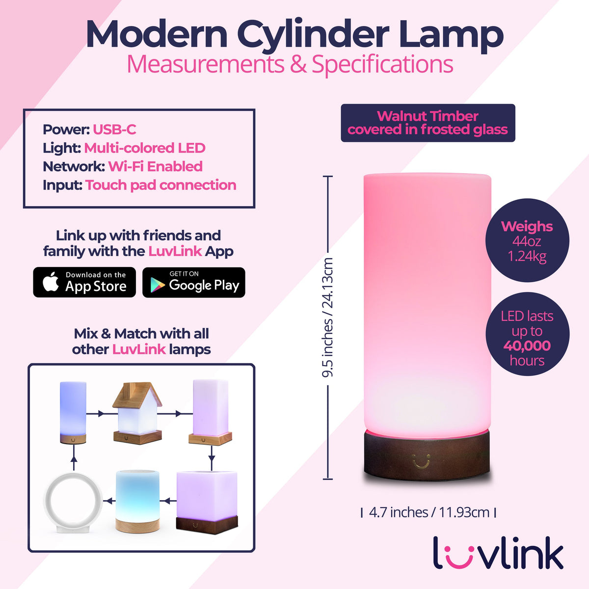 Modern Cylinder Lamp measurements and key specs: USB-C powered, multi-coloured LED, WiFi enabled, 9.5 inches tall, mixes with other LuvLink models.
