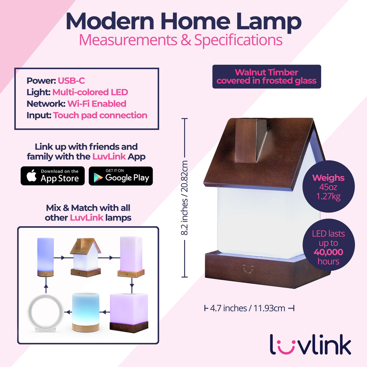 Infographic detailing Modern Home Lamp measurements, power specs, Wi-Fi capability and compatibility with other LuvLink products.