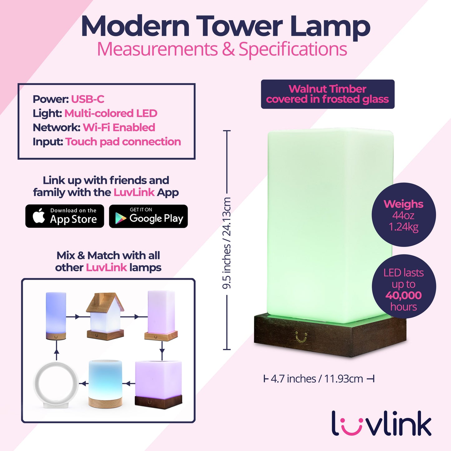 Modern Tower Lamp with walnut timber base and frosted glass showing LED lifespan of 40,000 hours and weight of 1.24kg.