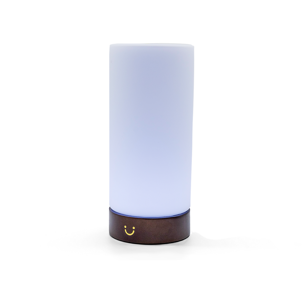 Frosted cylinder lamp in pale blue with dark wooden base and gold smiley emblem.