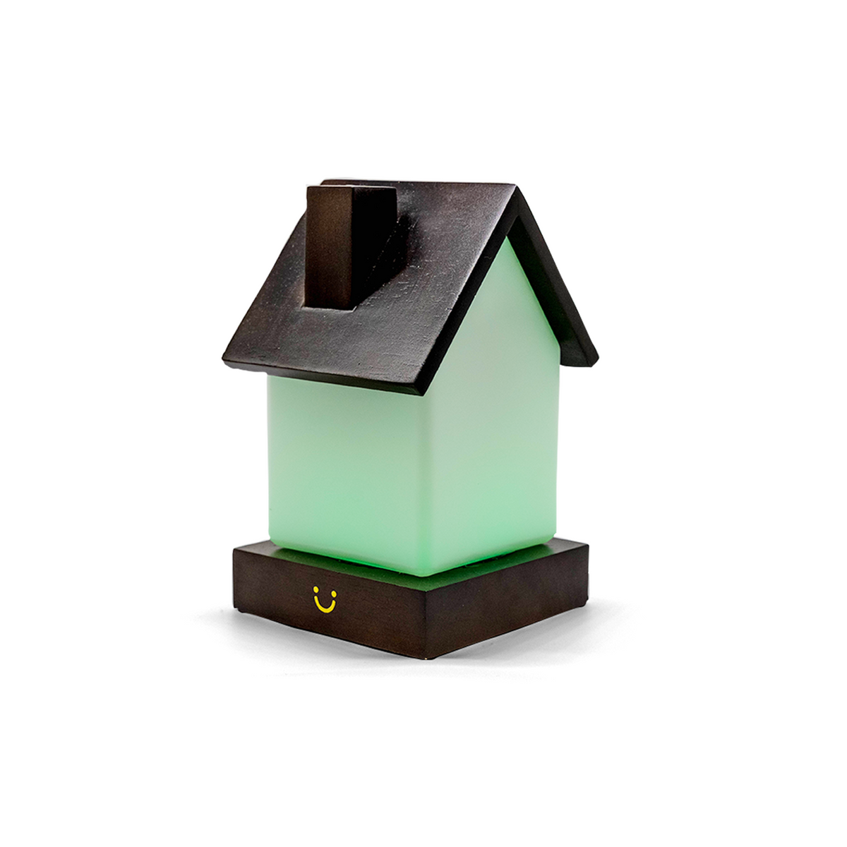 Dark wooden roof and base frame a glowing mint-green cube-shaped lamp.