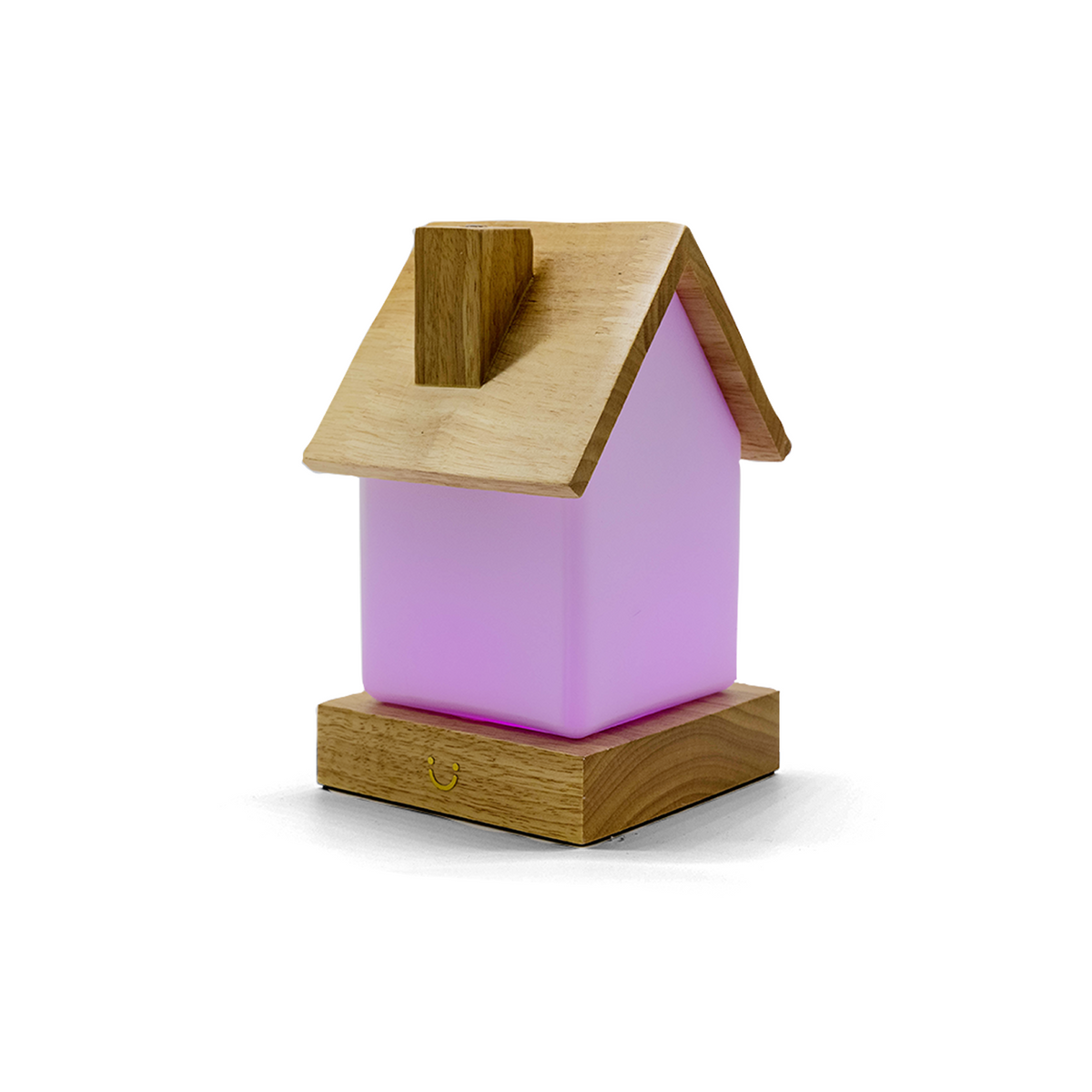 Wooden-framed friendship lamp with glowing lavender body and pitched roof design.