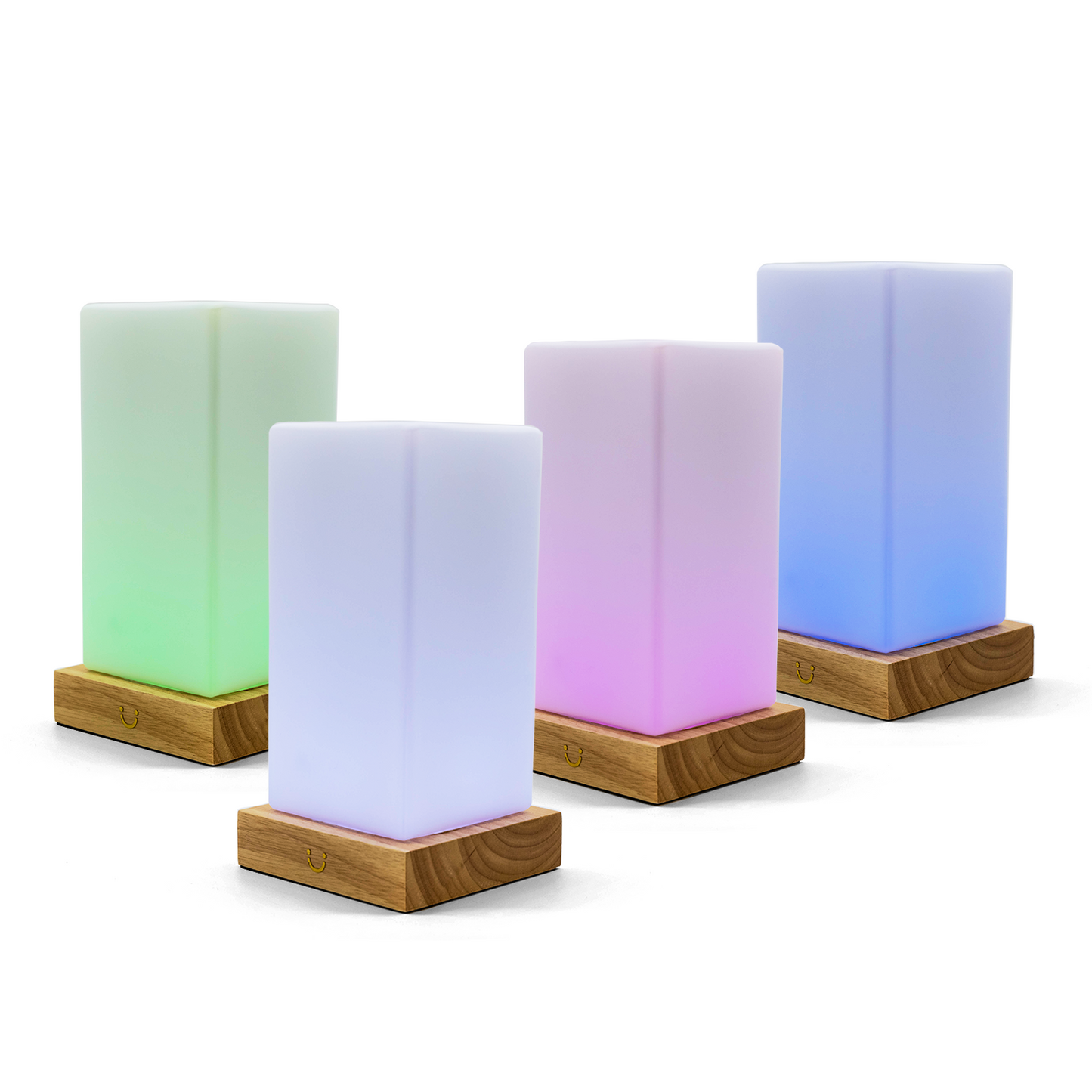 Colourful tower lamps with wooden bases displaying soft green, white, pink and blue gradient glow.